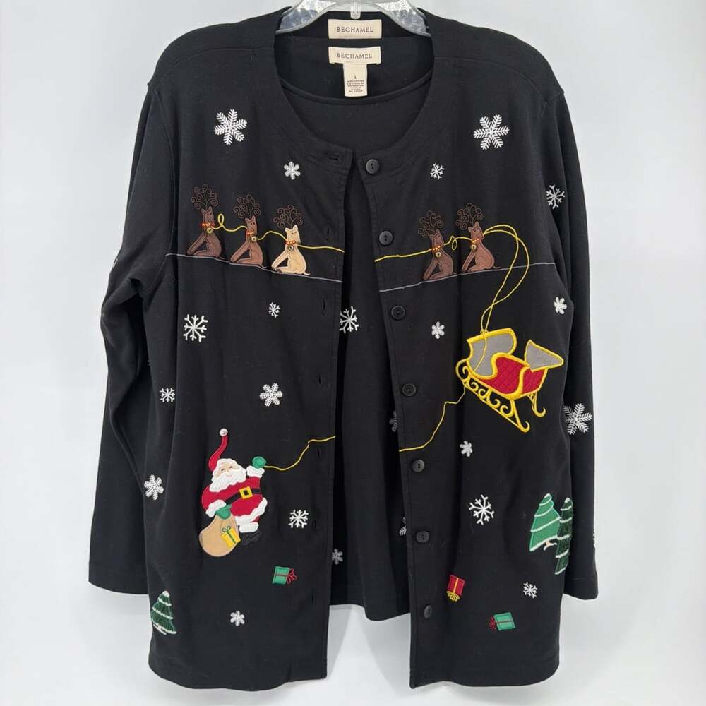 Bechamel Button Up Holiday Sweater Cardigan Set Santa Claus Jingle Bell Sleigh